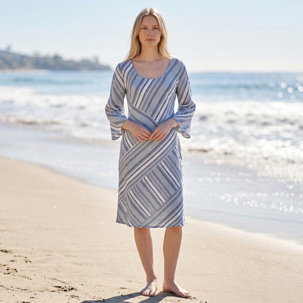Soft Surroundings Sonya Linen Shift Dress Size S Blue White Boho Coastal Grandma
